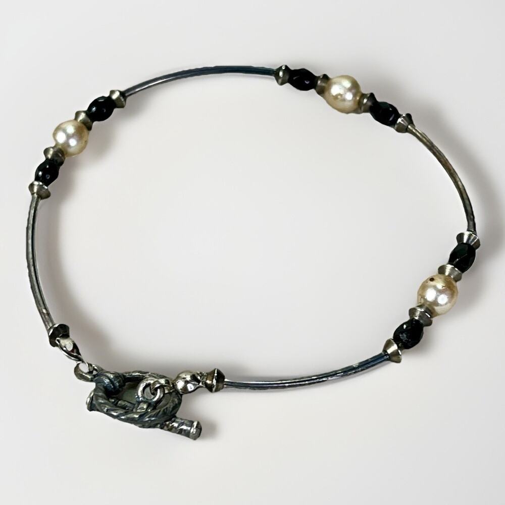 Vintage Sterling Silver Liquid Tube Pearl & Black Onyx Toggle Bracelet 7.5” 5.6g